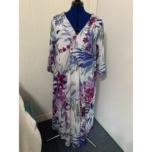 La Cera Lounge Dress XL Floral Maxi 100 % Cotton Beaded collar Resort Beachy